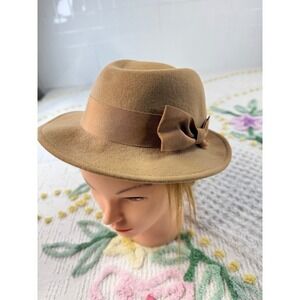 Doeskin Felt Fedora Hat Taupe 100% Wool‎ Bow Accent Made in USA Women's